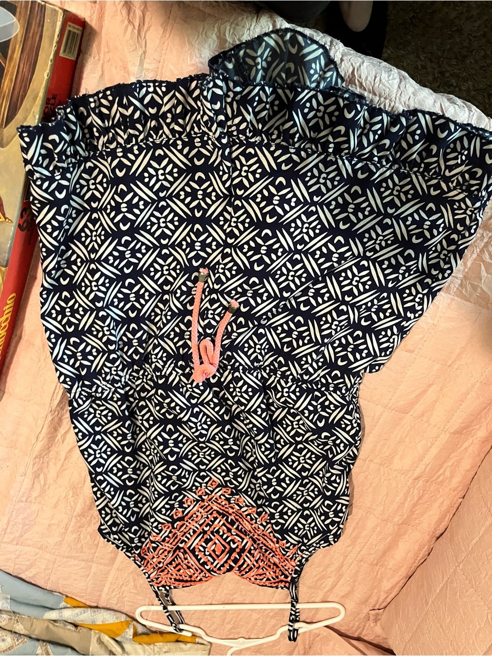 Sequin Hearts Navy & White Printed Girls’ One-Piece Romper with Coral Drawstring